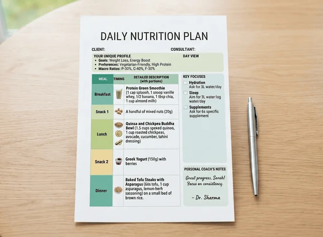 Printed daily nutrition plan on a table