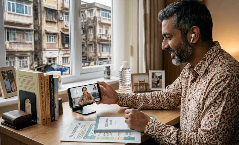 Man on a video consultation using a tablet at his desk