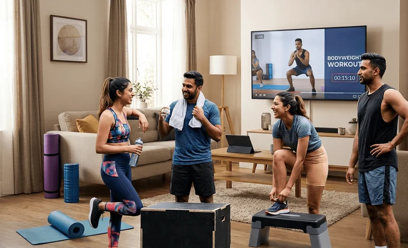 Group working out together in a living room