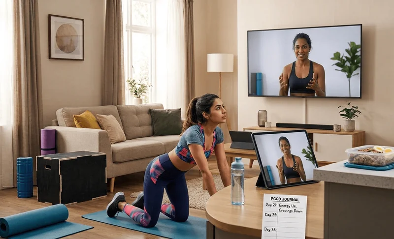 Woman exercising at home while following a video on her tablet