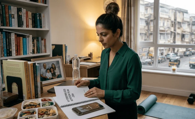 Woman reading notes beside a packed lunch