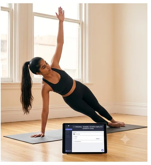 Woman holding a side plank with her coach on a tablet