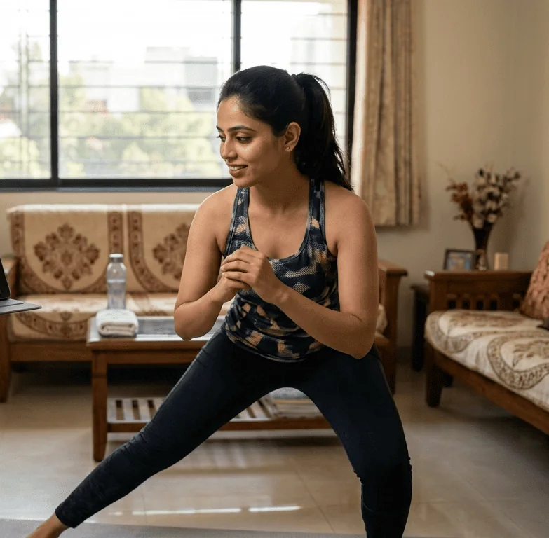 Woman doing a side lunge in her living room