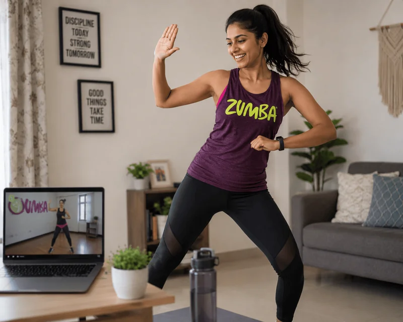 Woman in a Zumba top dancing with a class on her laptop