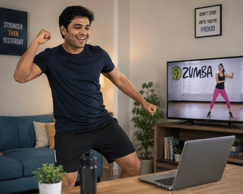 Man dancing to a Zumba class on his TV